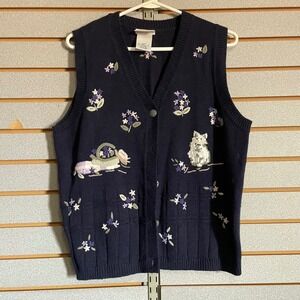 Northern Reflections Vintage Navy Blue Embroidered Cat Floral Sweater Vest M